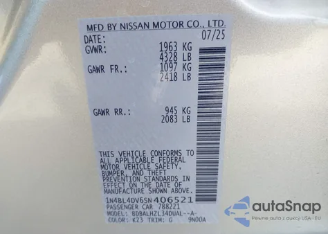 2025 Nissan Altima Sv Fwd из США, поврежденный, VIN 1N4BL4DV6SN406521